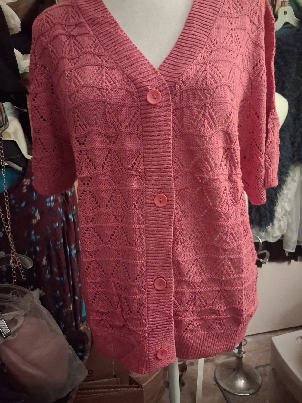 New,Tag,Rose Pink Button-Front Knit Crochet Short Sleeve Sweater Cardigan Size M
